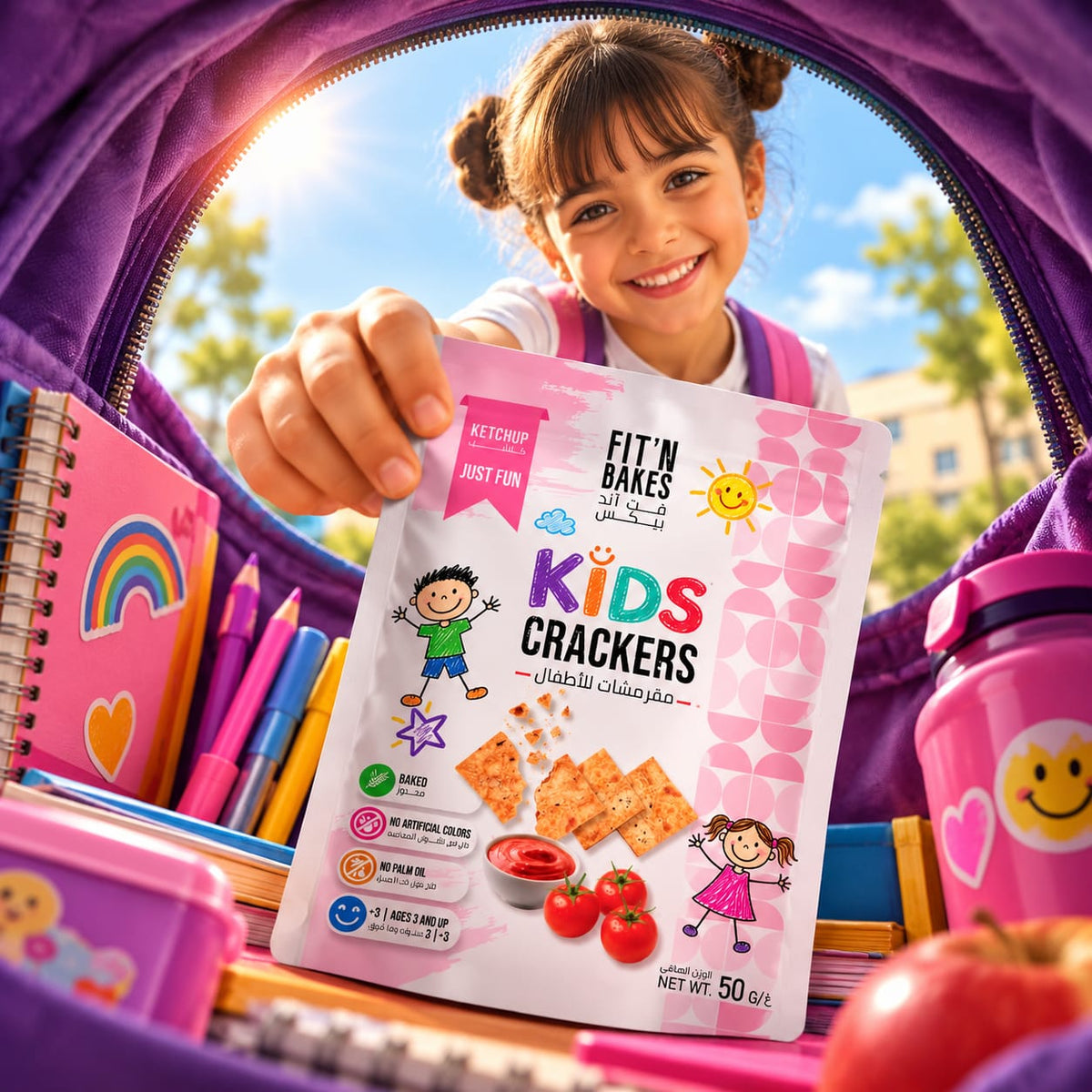 Kids Crackers, Ketchup Flavor, 50g – Baked Snack for Kids, No Artificial Colors, Palm Oil Free, Ages 3+, Lunchbox & School